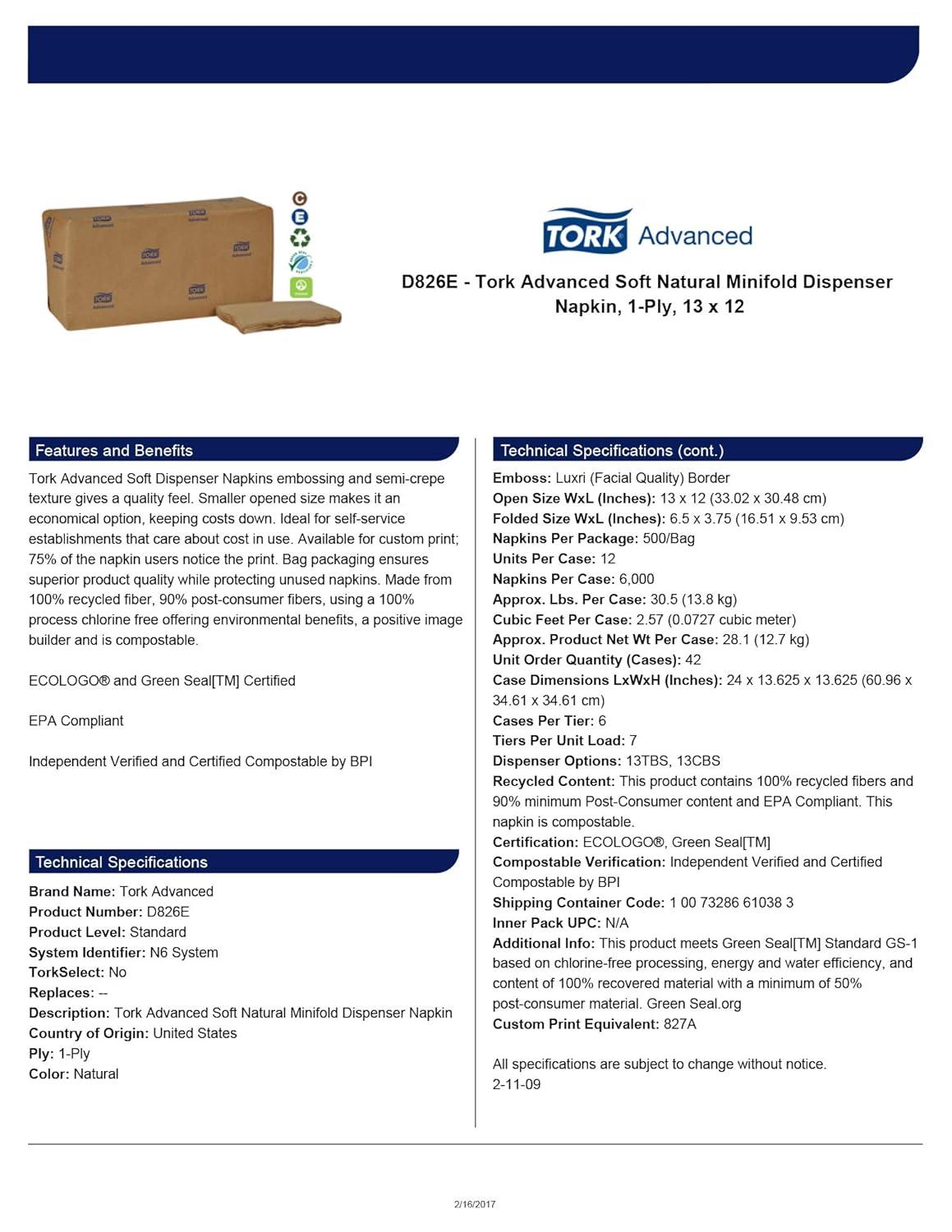 imageTork Advanced Soft Minifold Dispenser Napkin 12 x 500 Napkins N6 D826ENatural