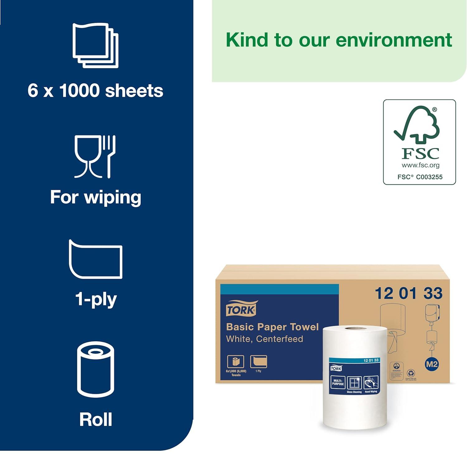 imageTork Centerfeed Wall Mounted Dispenser White  M2  Refill  Paper Wiper White 6 x 1000 Sheets