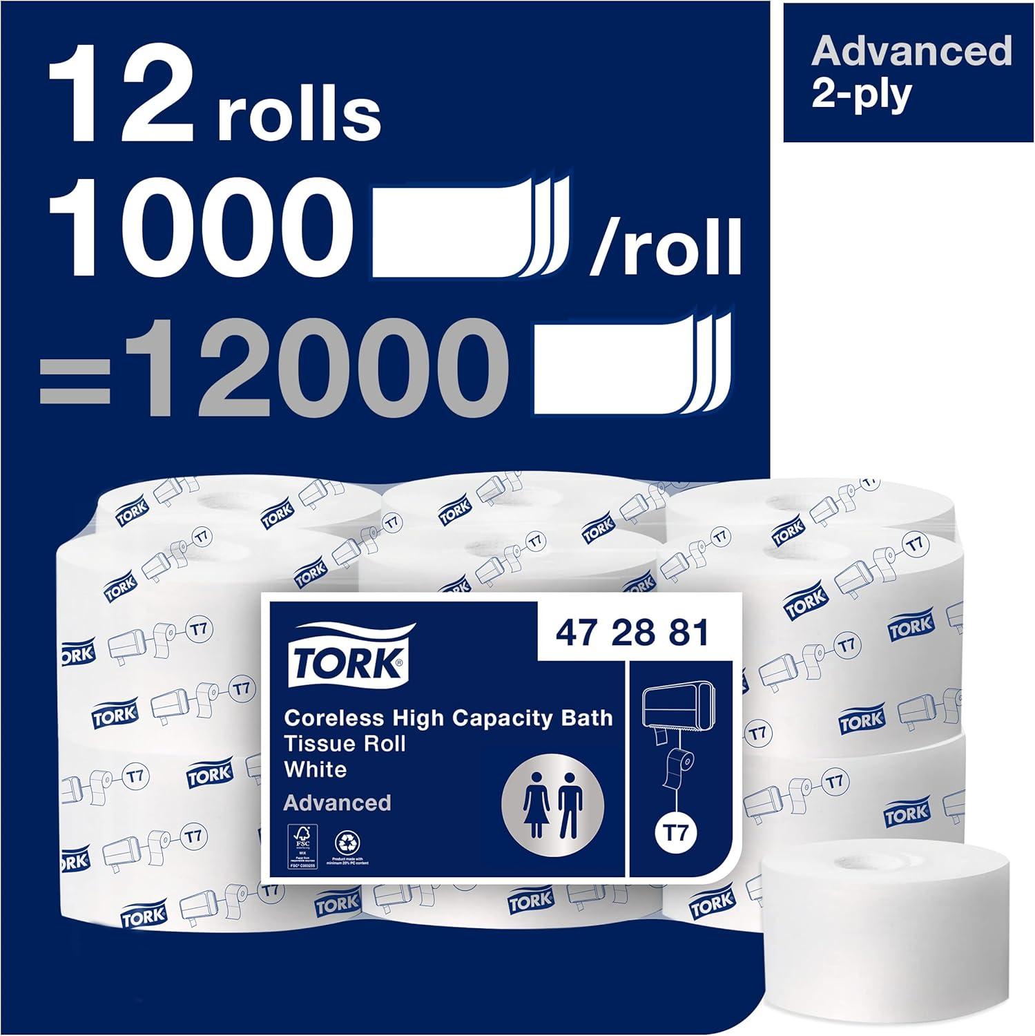 imageTork Coreless HighCapacity Toilet Paper Roll White T7 Advanced 2Ply 36 x 1000 sheets 47288012 x 1000 sheets
