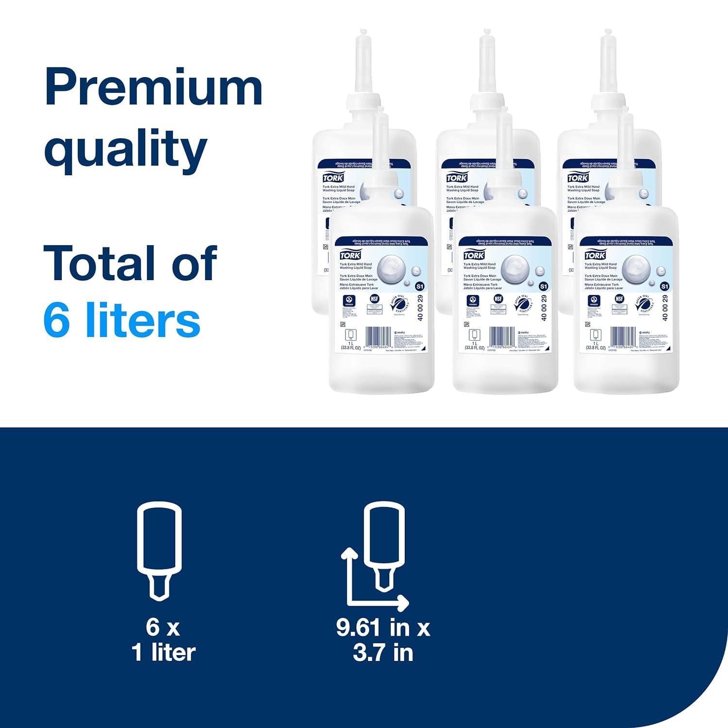 imageTork Extra Mild Hand Washing Liquid Soap S1 6 x 1L  Liquid Skincare Dispenser for Liquid Soap and Hand Sanitizer White Pack of 6