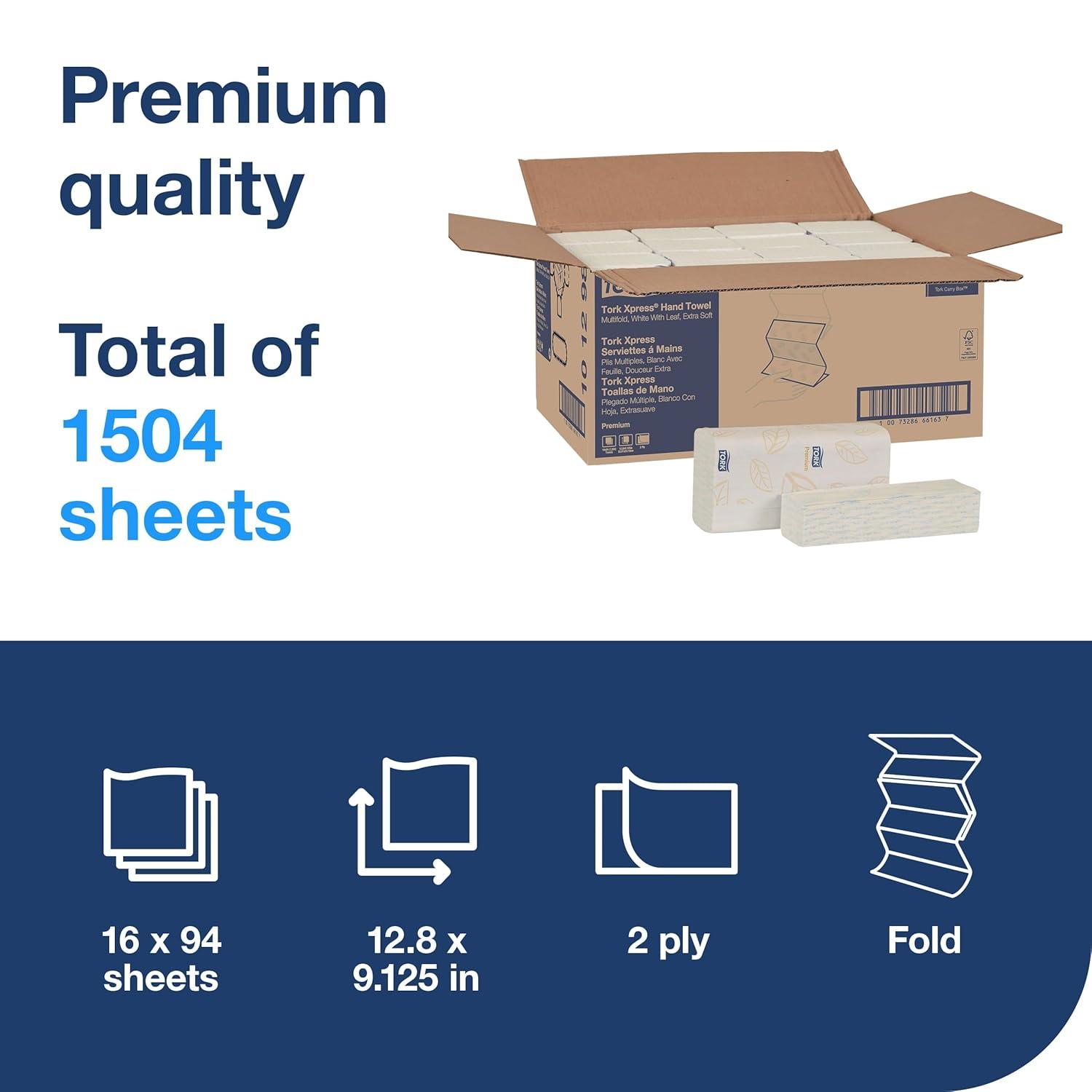 imageTork Extra Soft Multifold Hand Towels White with Blue Leaf Print H2 Dispenser Compatible 16 Packs x 94 Towels 101298