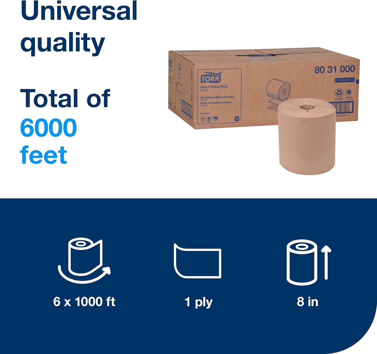 imageTork Hand Towel Roll Natural H80 Universal 100 Recycled Fiber 6 Rolls x 800 ft 8031300Natural