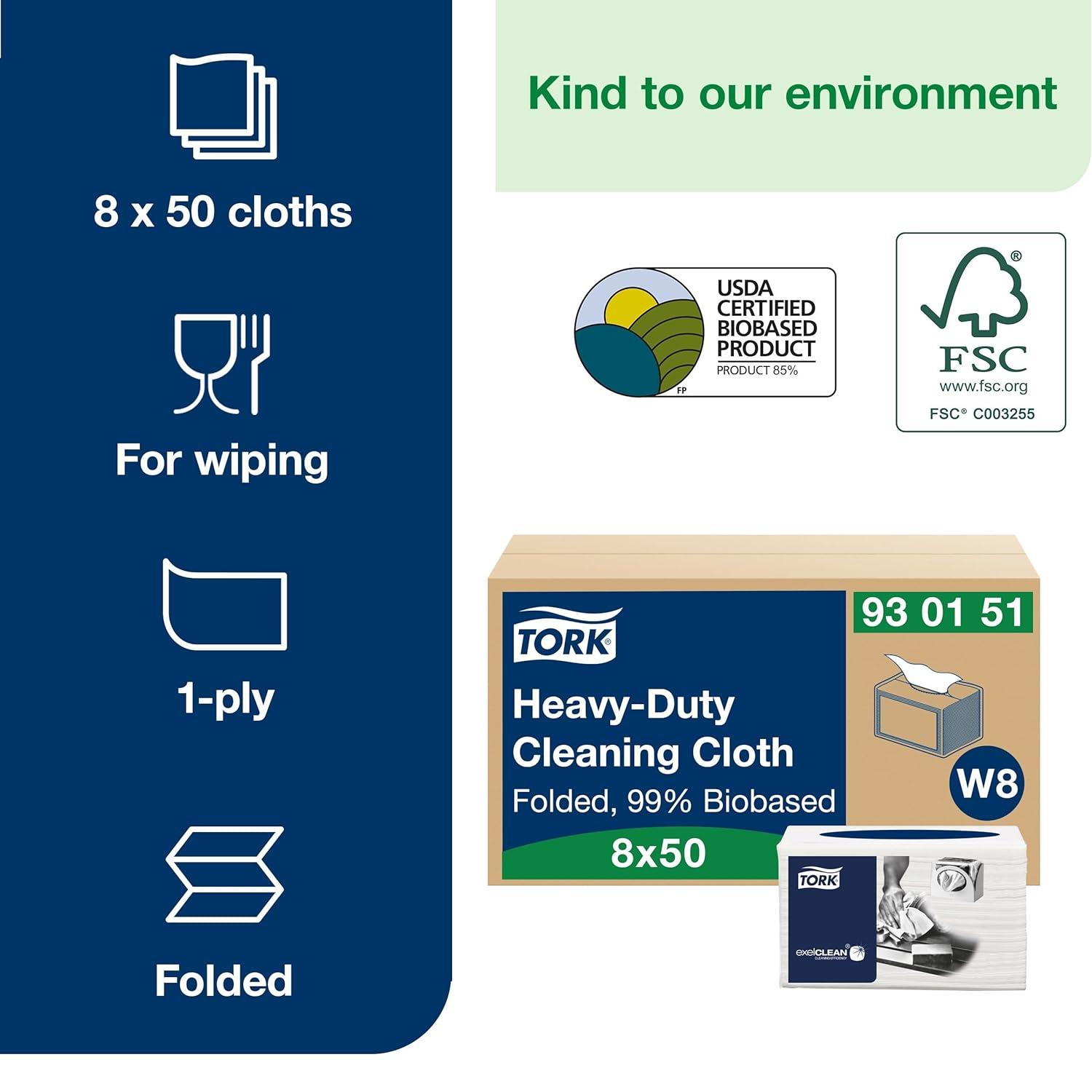 imageTork HeavyDuty Cleaning Cloth White W8 Biobased 8 x 50 Cloths 9301518 x 50 Cloths