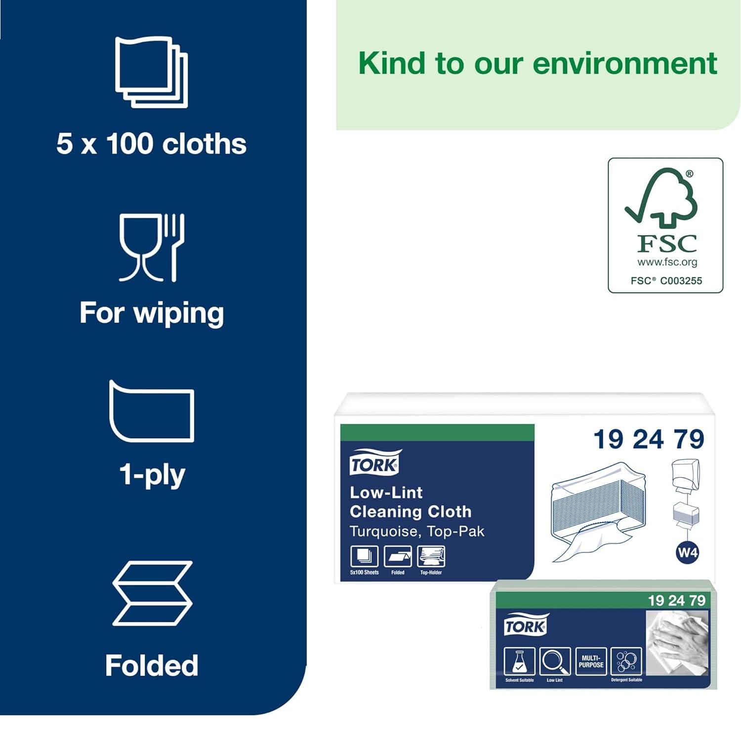 imageTork LowLint Disposable Cleaning Cloth Turquoise W4 Interfold 5 x 100 Cloths 192479