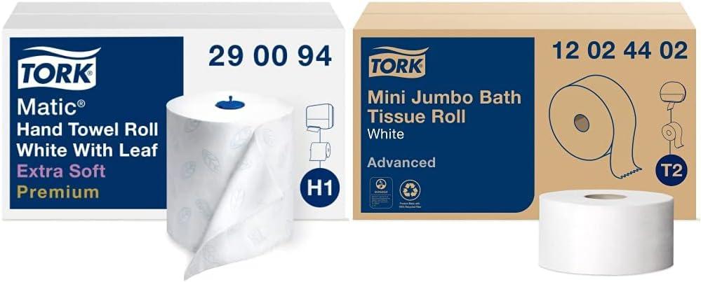 imageTork Matic Extra Soft Paper Hand Towel Roll White with Blue Leaf H1 Premium High Absorbency 6 Rolls x 300 ft 290094White