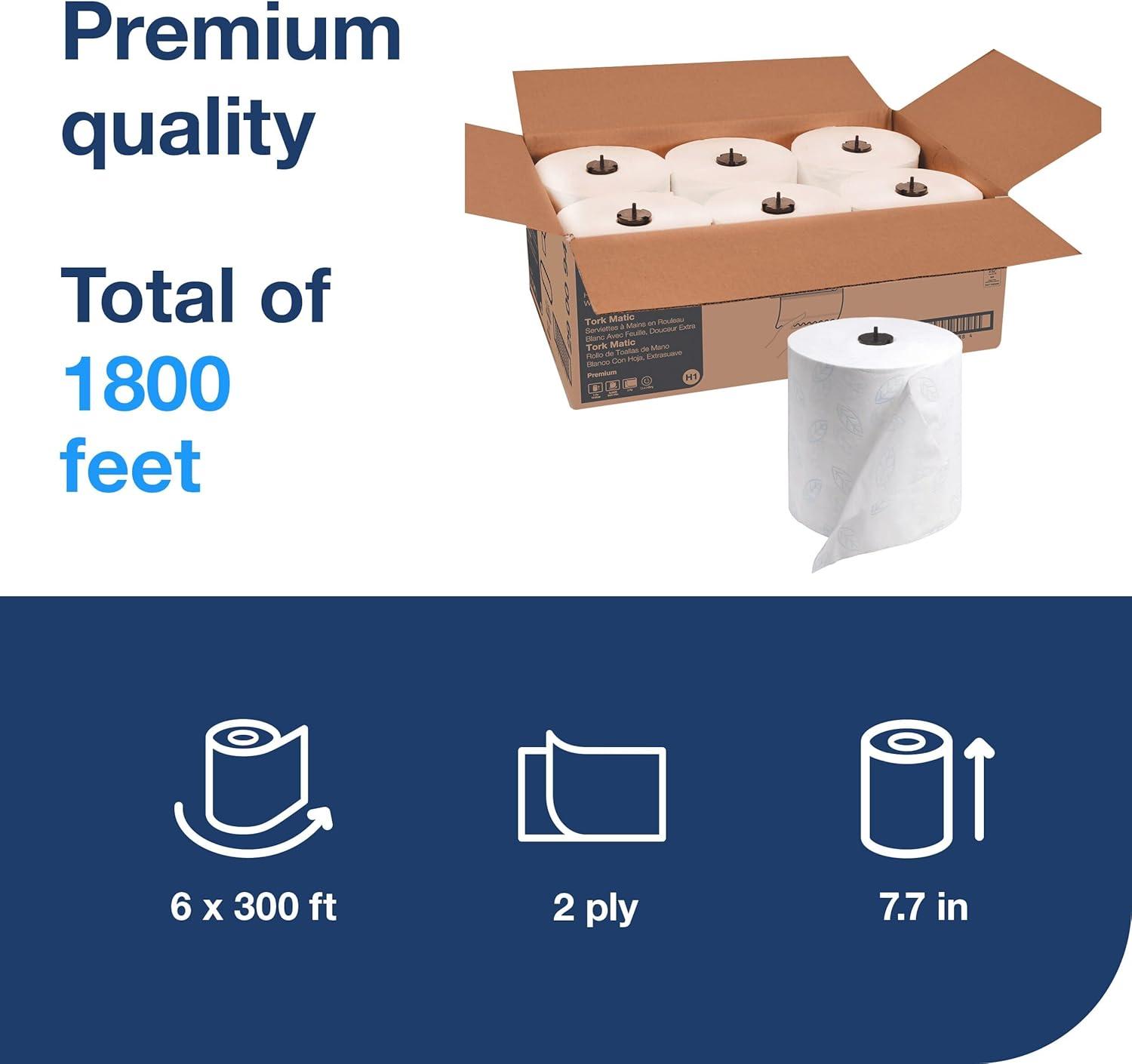 imageTork Matic Extra Soft Paper Hand Towel Roll White with Blue Leaf H1 Premium High Absorbency 6 Rolls x 300 ft 290094White