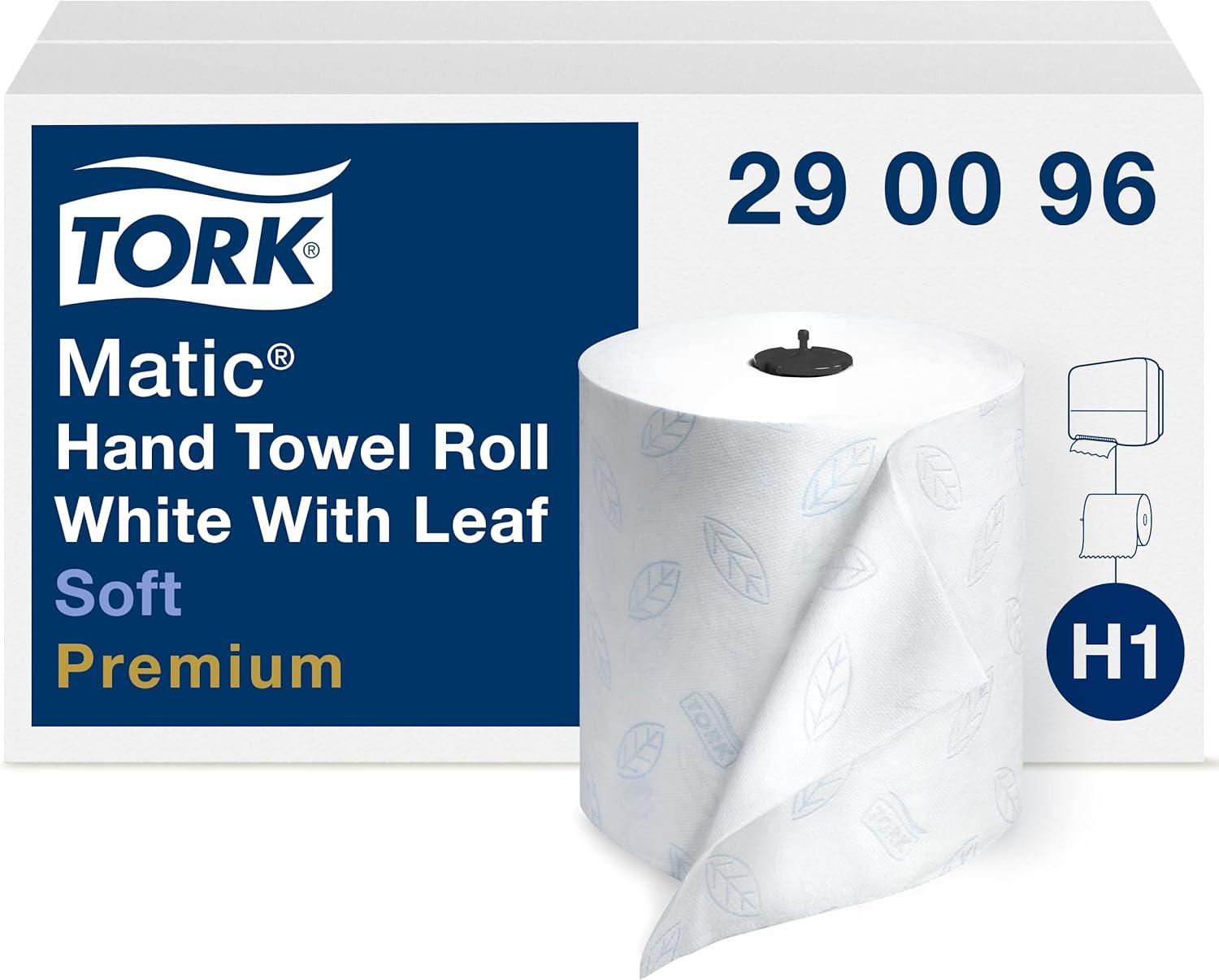 imageTork Matic Extra Soft Paper Hand Towel Roll White with Blue Leaf H1 Premium High Absorbency 6 Rolls x 300 ft 290094WhiteBlue Leaf