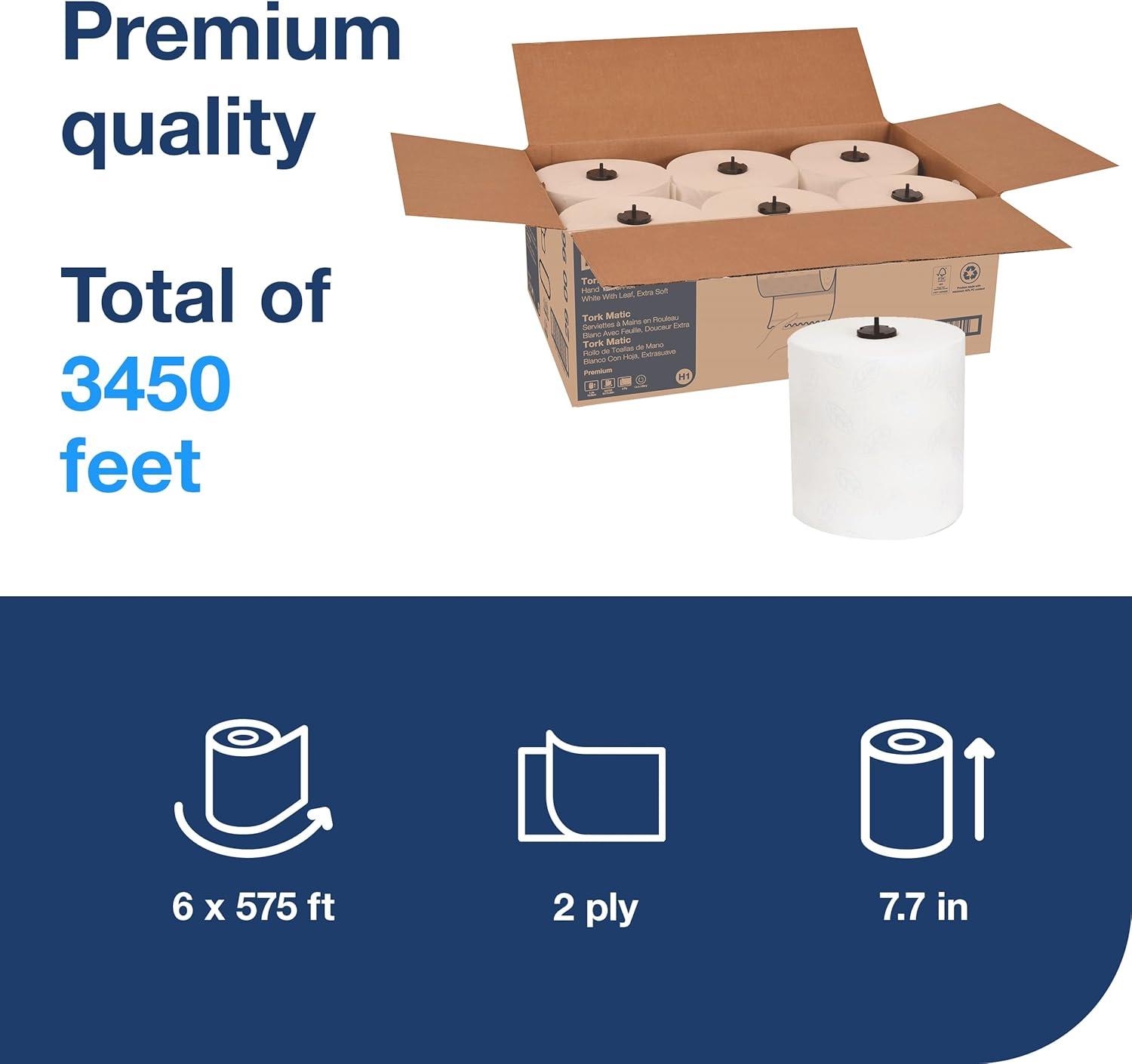 imageTork Matic Extra Soft Paper Hand Towel Roll White with Blue Leaf H1 Premium High Absorbency 6 Rolls x 300 ft 290094WhiteBlue Leaf