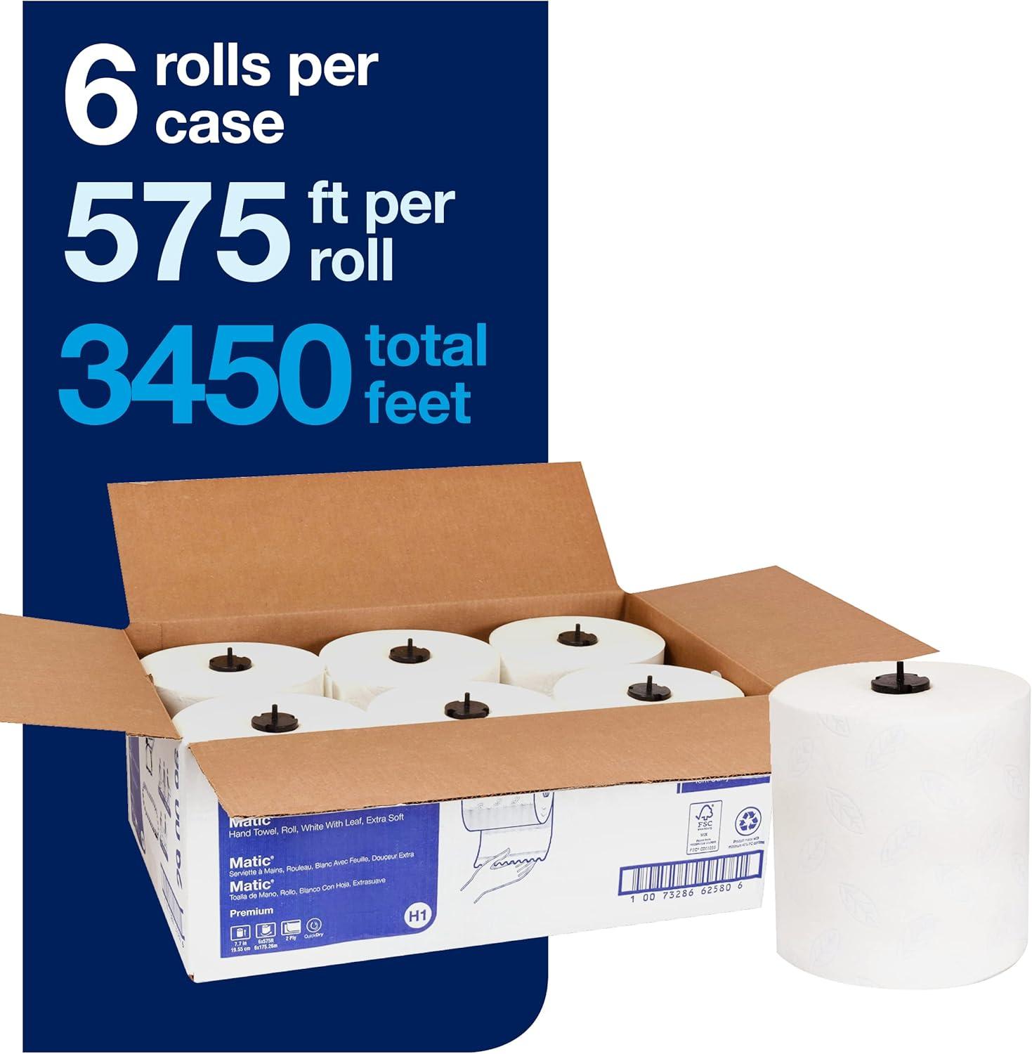 imageTork Matic Extra Soft Paper Hand Towel Roll White with Blue Leaf H1 Premium High Absorbency 6 Rolls x 300 ft 290094WhiteBlue Leaf