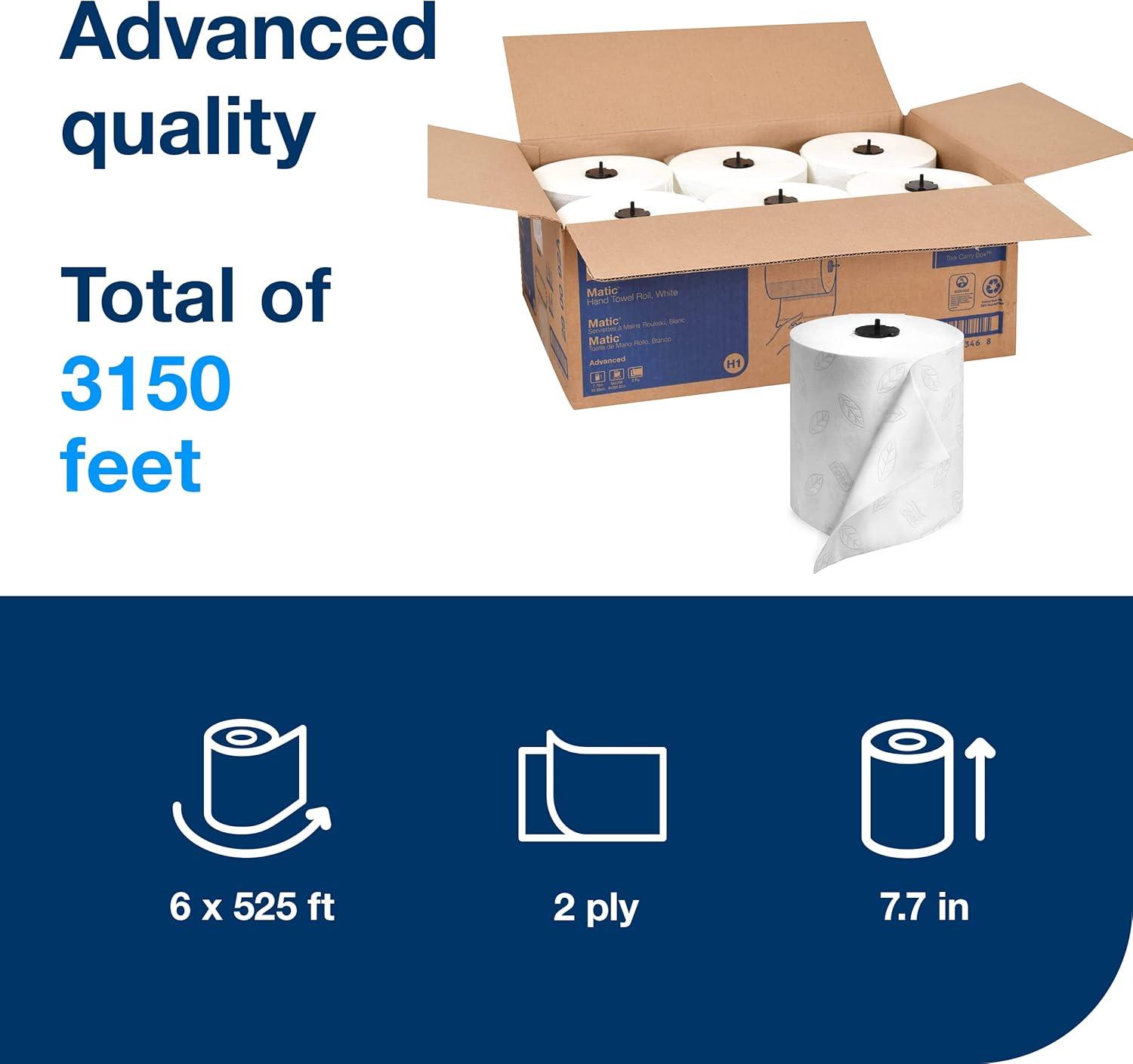 imageTork Matic Hand Towel Roll White With Gray Leaf Advanced H1 100 Recycled Fiber High Absorbency Medium Capacity 2Ply 6 Rolls x 525 ft  290092A6 pack