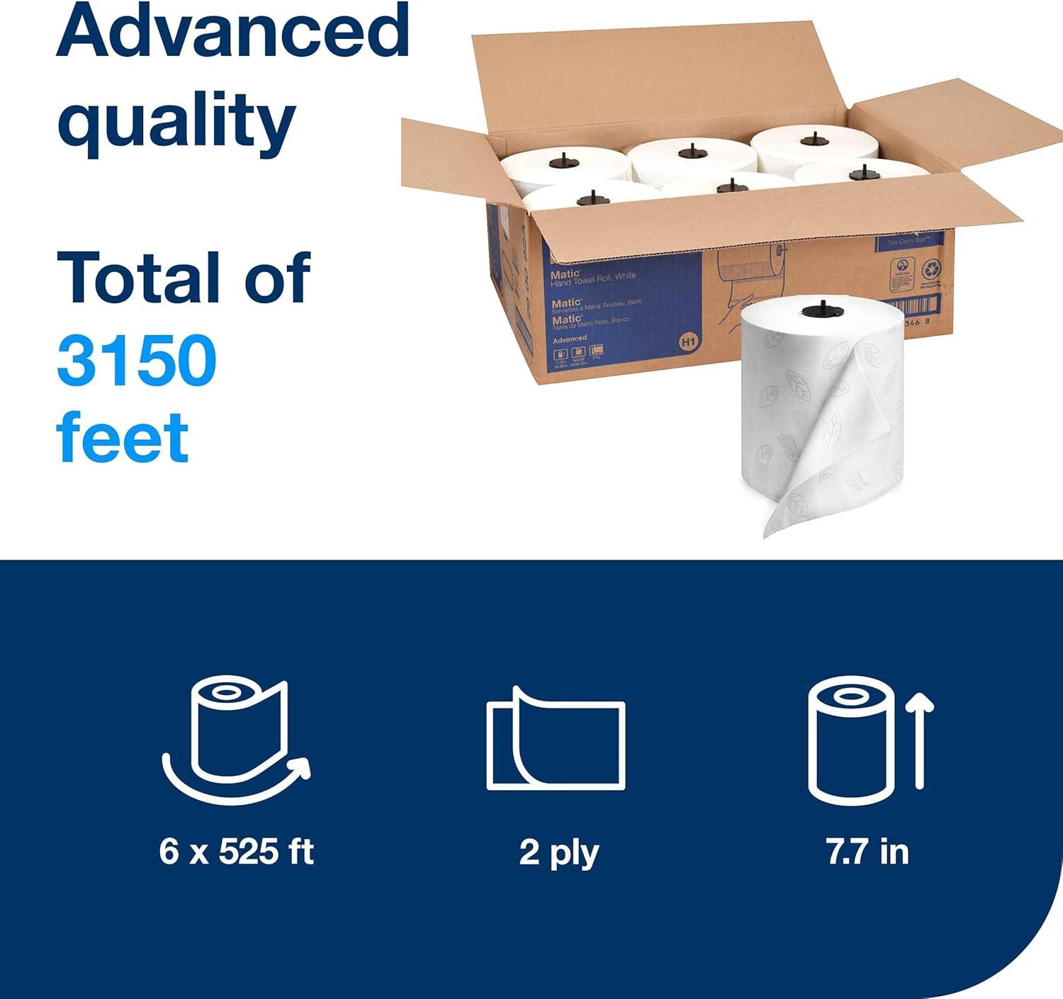imageTork Matic Hand Towel Roll White With Gray Leaf Advanced H1 100 Recycled Fiber High Absorbency Medium Capacity 2Ply 6 Rolls x 525 ft  290092A6 pack