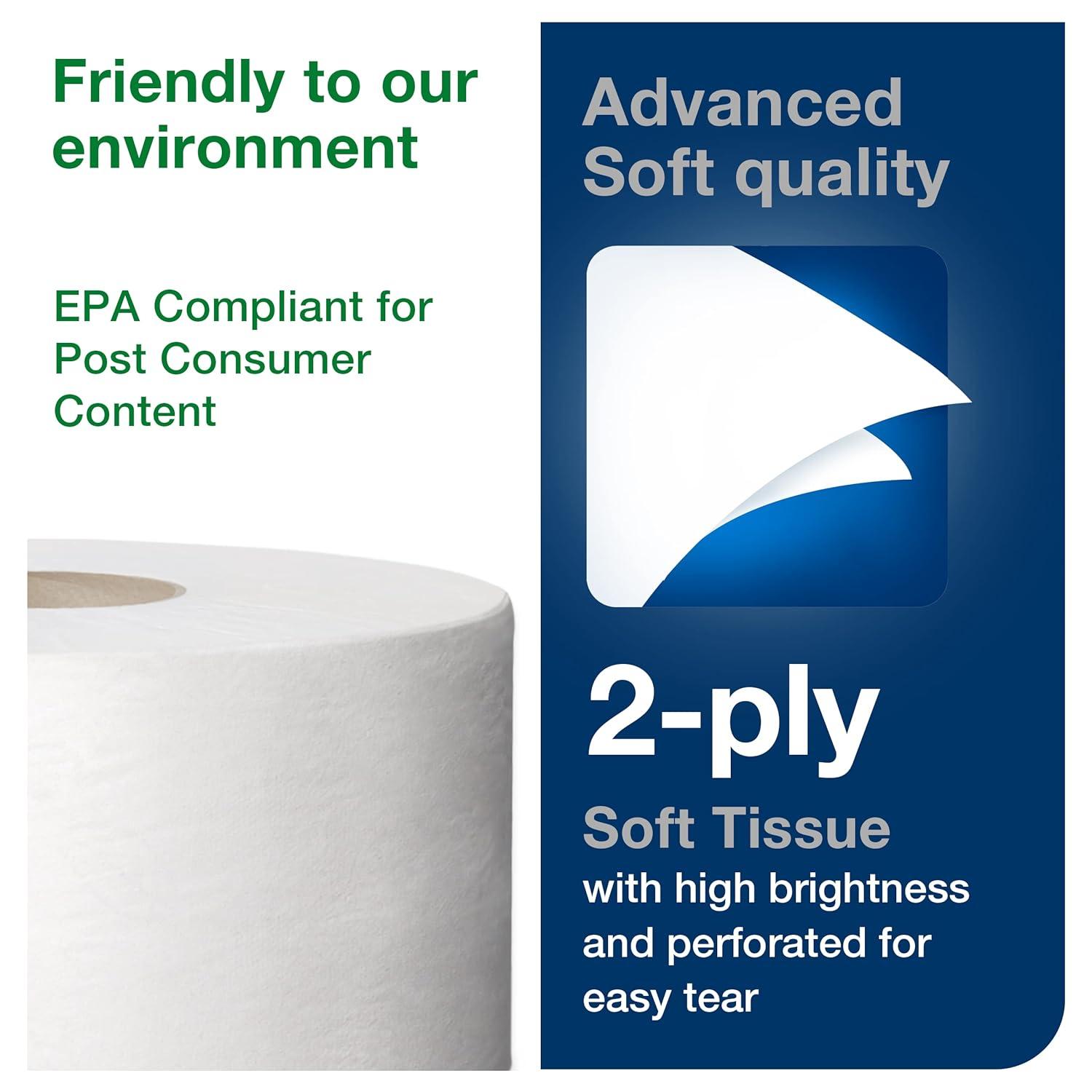 imageTork Mini Jumbo Bath Tissue Roll  Toilet Paper Towels with Advanced Soft Quality Compatible with T2 Tork Dispenser 12 rolls x 1075 2Ply Sheets Color White 11020602