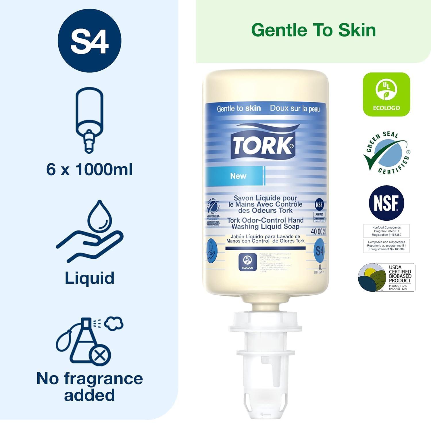 imageTork OdorControl Hand Soap Liquid S4 Gentle PerfumeFree Compatible with S4 Dispensers 6 x 1L Bottles 400020Aloe Vera