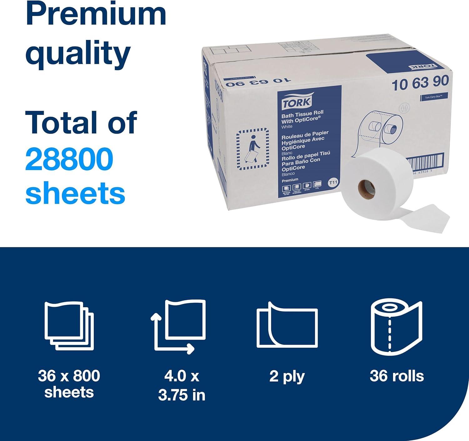 imageTork OptiCore Midsize Toilet Paper Roll White T11 Premium 2ply 36 x 800 sheets 106390800 sheet Pack of 36