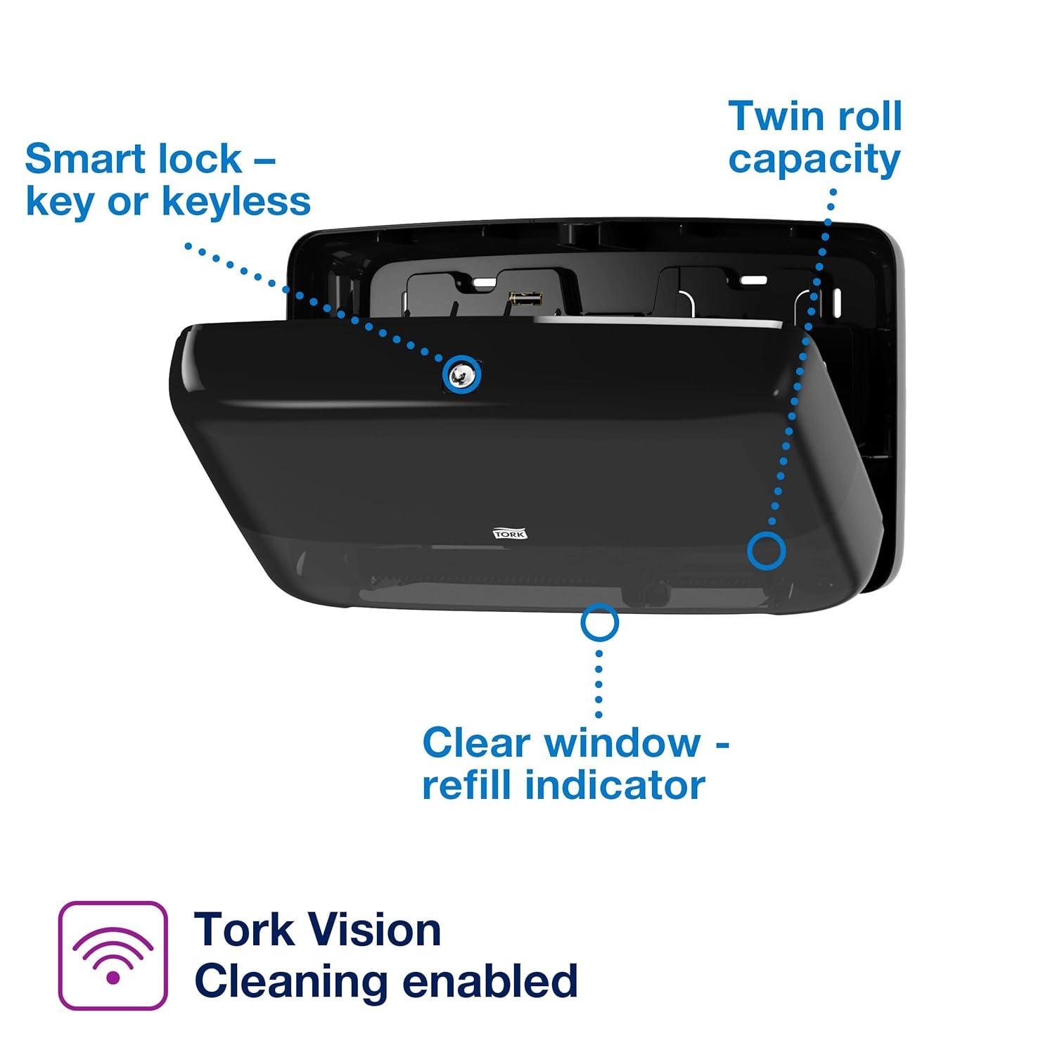 imageTork Twin Mini Jumbo Toilet Paper Roll Dispenser Black T2 Protects Rolls Elevation Range 5555290Dispenser