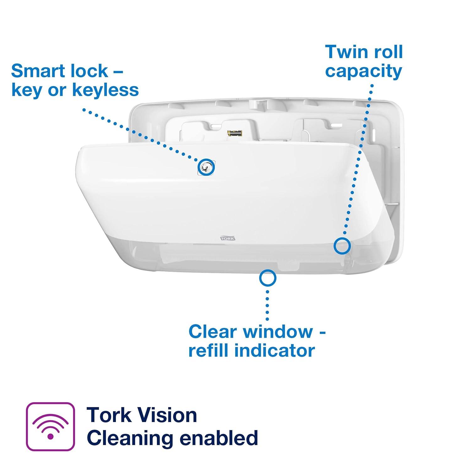 imageTork Twin Mini Jumbo Toilet Paper Roll Dispenser White T2 Protects Rolls Elevation Range 5555200Dispenser