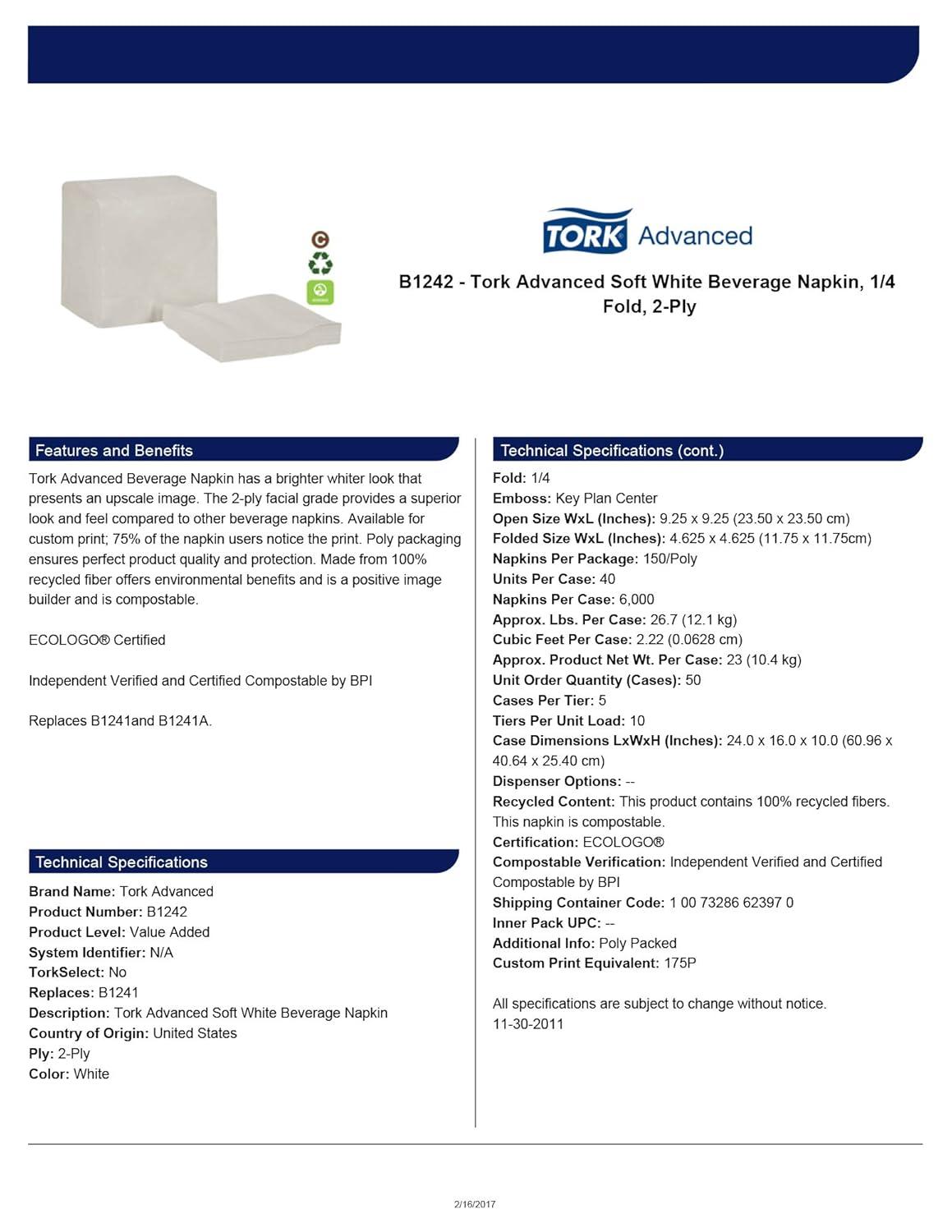 imageTork White Soft Beverage Napkin 14 Fold 2ply 93quot x 93quot 40 x 150 napkins B1242