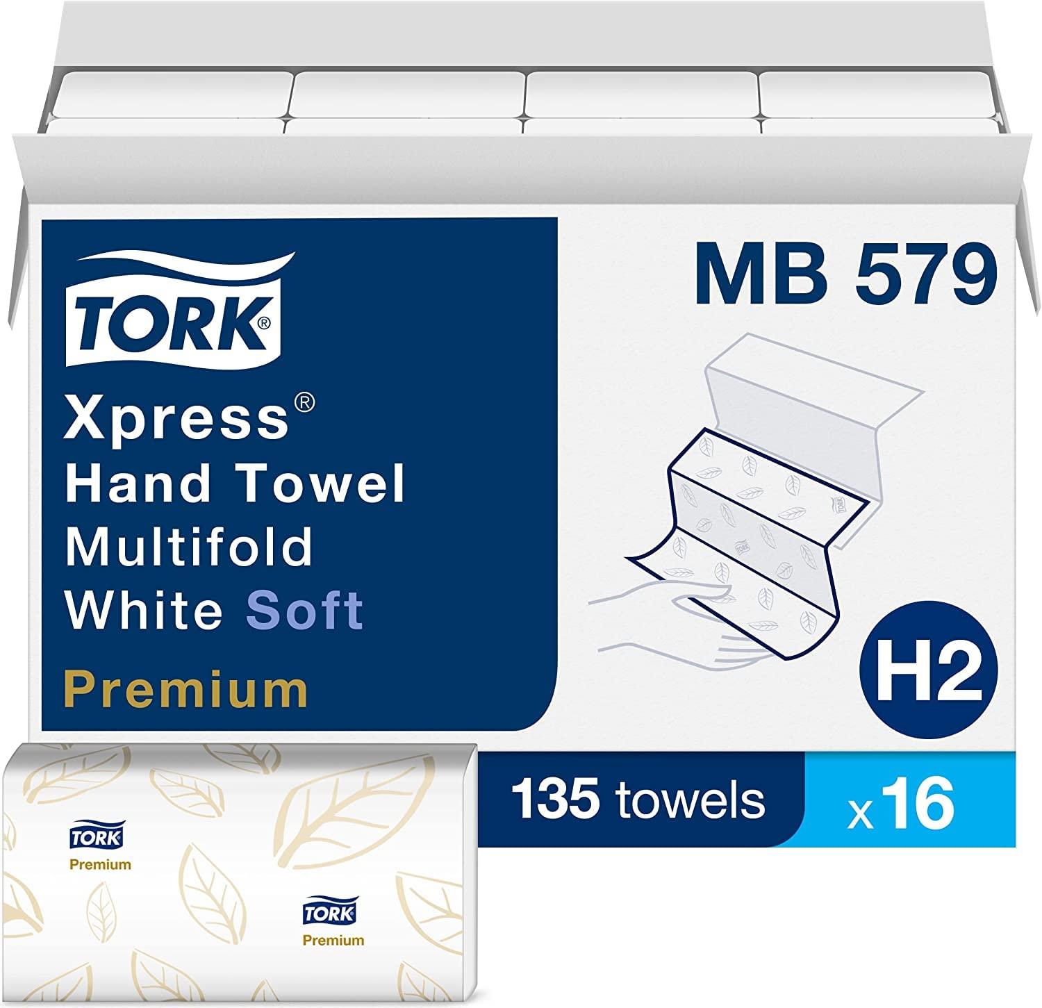imageTork Xpress Soft Multifold Hand Towel White with Blue Leaf Print Premium Quality 135 Towels per Pack 16 Packs Fits H2 Towel Dispensers and Tork Xpress Paper Towel Dispenser Black Compact for Home Use Fits H2 Towels