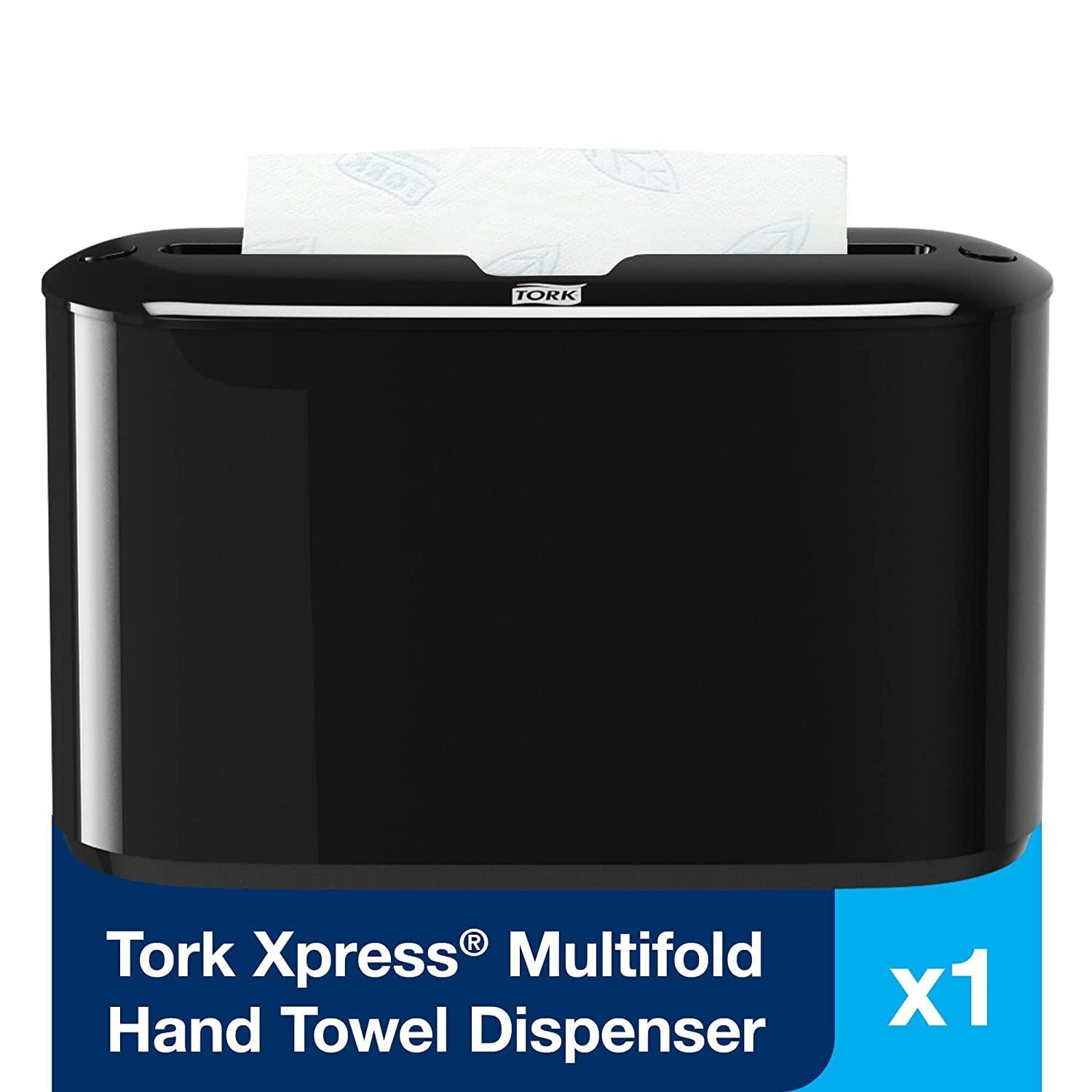 imageTork Xpress Soft Multifold Hand Towel White with Blue Leaf Print Premium Quality 135 Towels per Pack 16 Packs Fits H2 Towel Dispensers and Tork Xpress Paper Towel Dispenser Black Compact for Home Use Fits H2 Towels