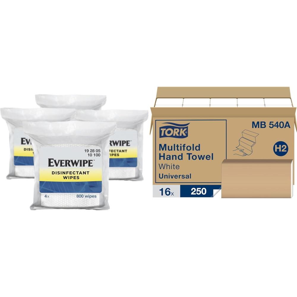 imageTork Everwipe Disinfectant Wipe Jumbo Rolls White Cleans and Deodorizes 4 x 800 wipes 192805 10100  Tork Multifold Hand Towel White H2 Universal 100 Recycled Fibers 16 x 250 Towels MB540A