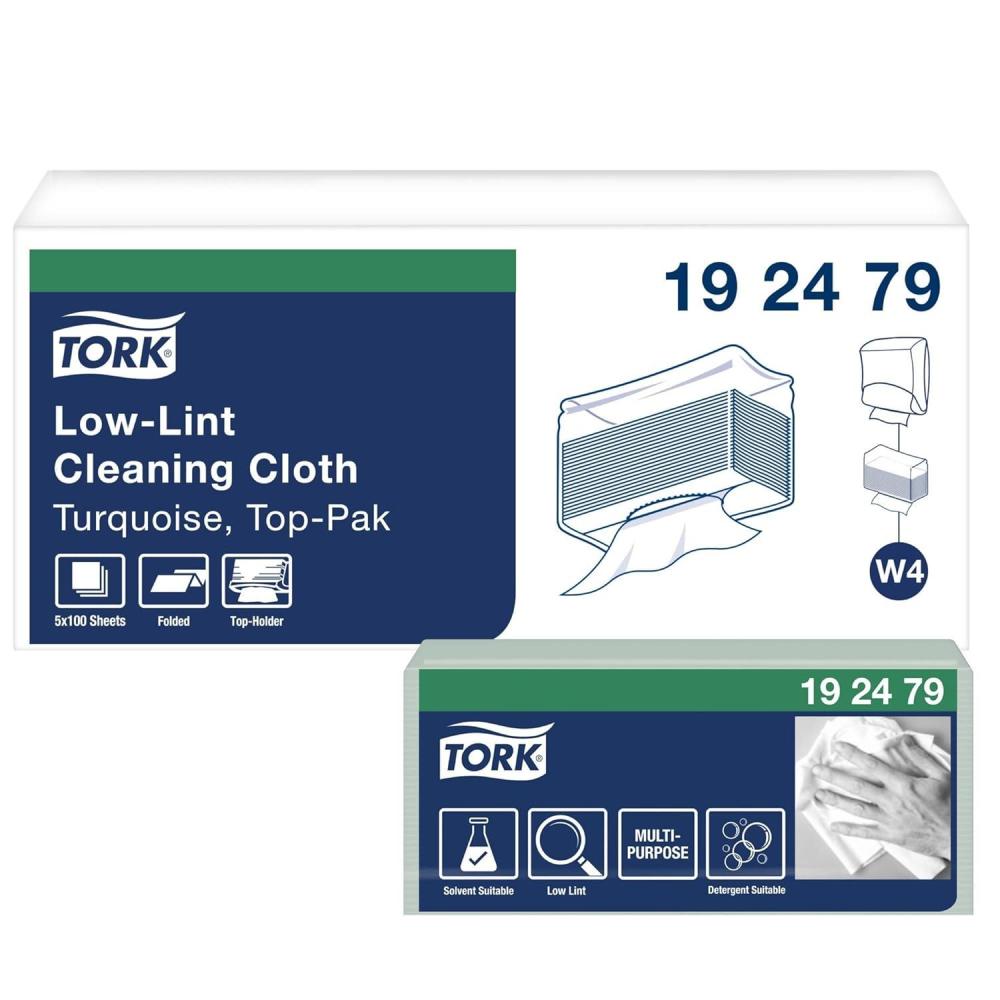 imageTork LowLint Disposable Cleaning Cloth Turquoise W4 Interfold 5 x 100 Cloths 192479