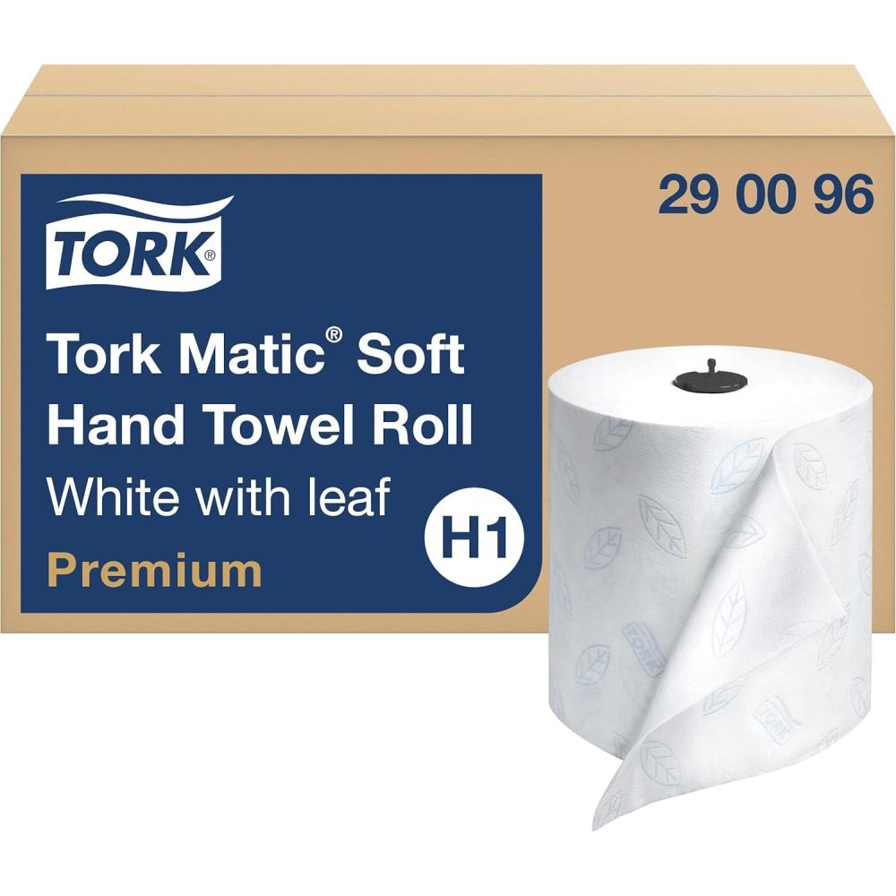 imageTork Matic Extra Soft Paper Hand Towel Roll White with Blue Leaf H1 Premium High Absorbency 6 Rolls x 300 ft 290094WhiteBlue Leaf