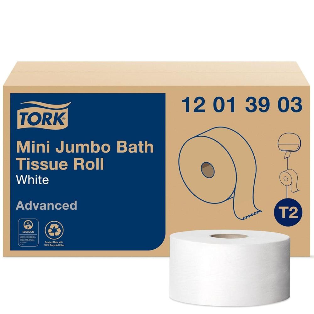imageTork Mini Jumbo Toilet Paper Roll White T2 Advanced 1Ply 12 x 1200 1201390312 pack