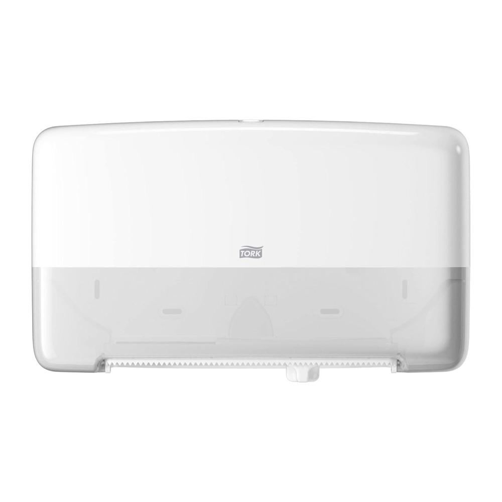 imageTork Twin Mini Jumbo Toilet Paper Roll Dispenser White T2 Protects Rolls Elevation Range 5555200Dispenser