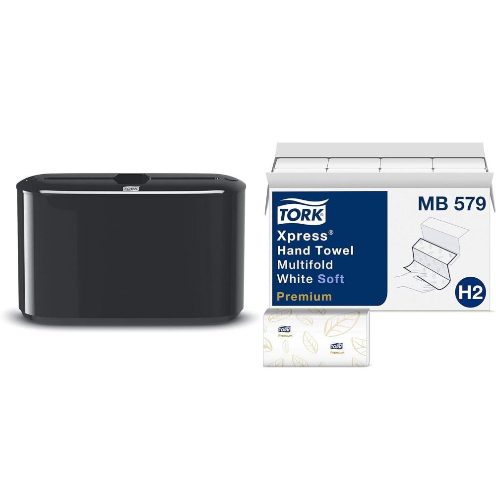 imageTork Xpress Soft Multifold Hand Towel White with Blue Leaf Print Premium Quality 135 Towels per Pack 16 Packs Fits H2 Towel Dispensers and Tork Xpress Paper Towel Dispenser Black Compact for Home Use Fits H2 Towels