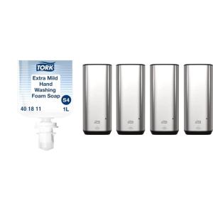 imageTork Extra Mild Hand Washing Foam Soap S4 No Fragrance Added 6 x 1L  Intuition Sensor Skincare Dispensers Stainless Steel Pack of 4