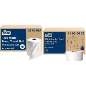 imageTork Matic Hand Towel Roll White With Gray Leaf Advanced H1 100 Recycled Fiber High Absorbency Medium Capacity 2Ply 6 Rolls x 525 ft  290092A6 pack