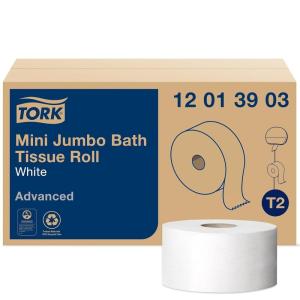 imageTork Mini Jumbo Toilet Paper Roll White T2 Advanced 1Ply 12 x 1200 1201390312 pack
