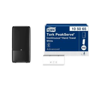 imageTork PeakServe Continuous Hand Towel Dispenser Black H5 High Capacity Elevation Range 552528  Tork PeakServe Continuous Hand Towel White H5 Advanced Compressed 12 x 410 sheets 105065