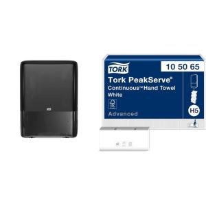 imageTork PeakServe Mini Continuous Paper Hand Towel Dispenser Black H5 HighCapacity Elevation Range 552538  Tork PeakServe Continuous Hand Towel White H5 Advanced Compressed12 x 410 sheets 105065Black