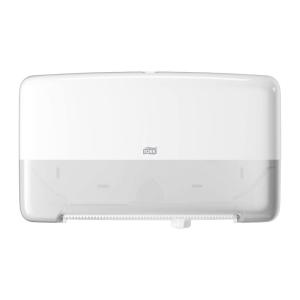 imageTork Twin Mini Jumbo Toilet Paper Roll Dispenser White T2 Protects Rolls Elevation Range 5555200Dispenser