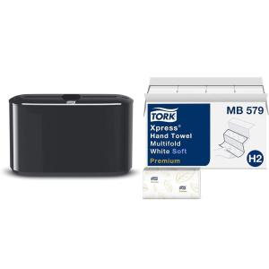 imageTork Xpress Soft Multifold Hand Towel White with Blue Leaf Print Premium Quality 135 Towels per Pack 16 Packs Fits H2 Towel Dispensers and Tork Xpress Paper Towel Dispenser Black Compact for Home Use Fits H2 Towels