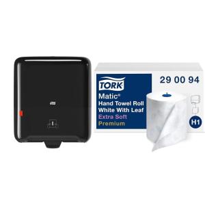 imageTork Matic Hand Towel Roll Dispenser 5510282  H1 Black  Tork Matic Extra Soft Paper Hand Towel Roll White with Blue Leaf H1 Premium High Absorbency 6 Rolls x 300 ft 290094