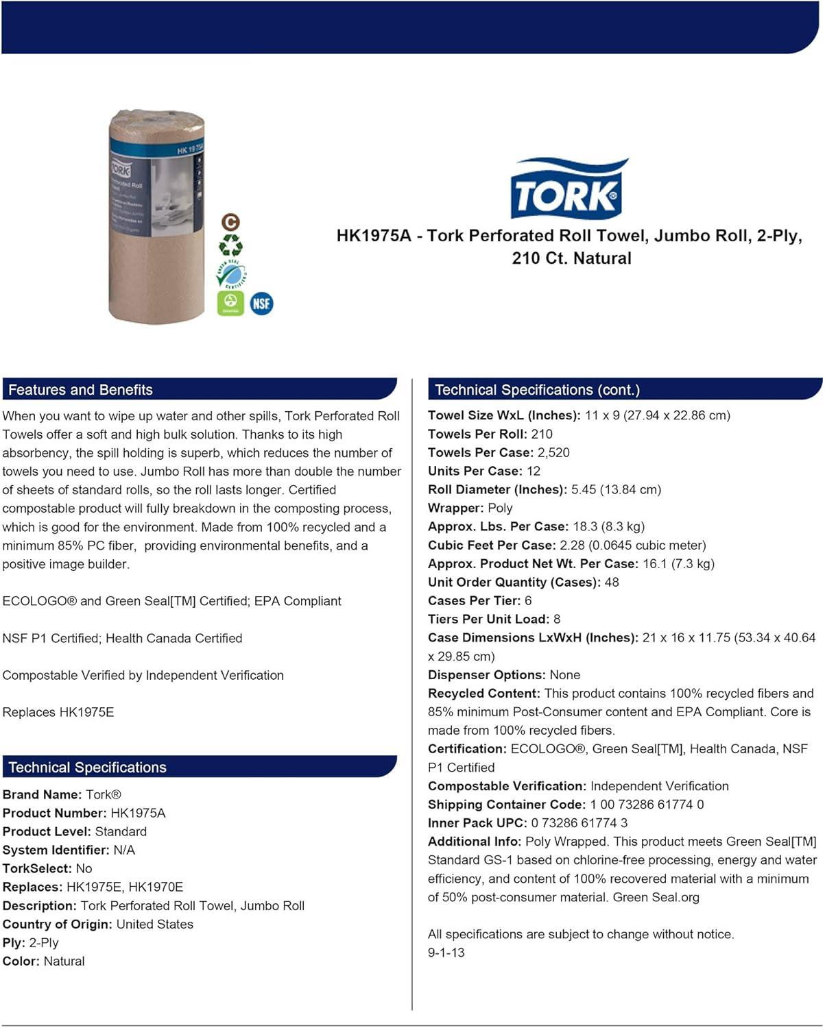 imageTork Jumbo Perforated Roll Towel Natural Certified Compostable 12 x 210 Towels HK1975ARefill