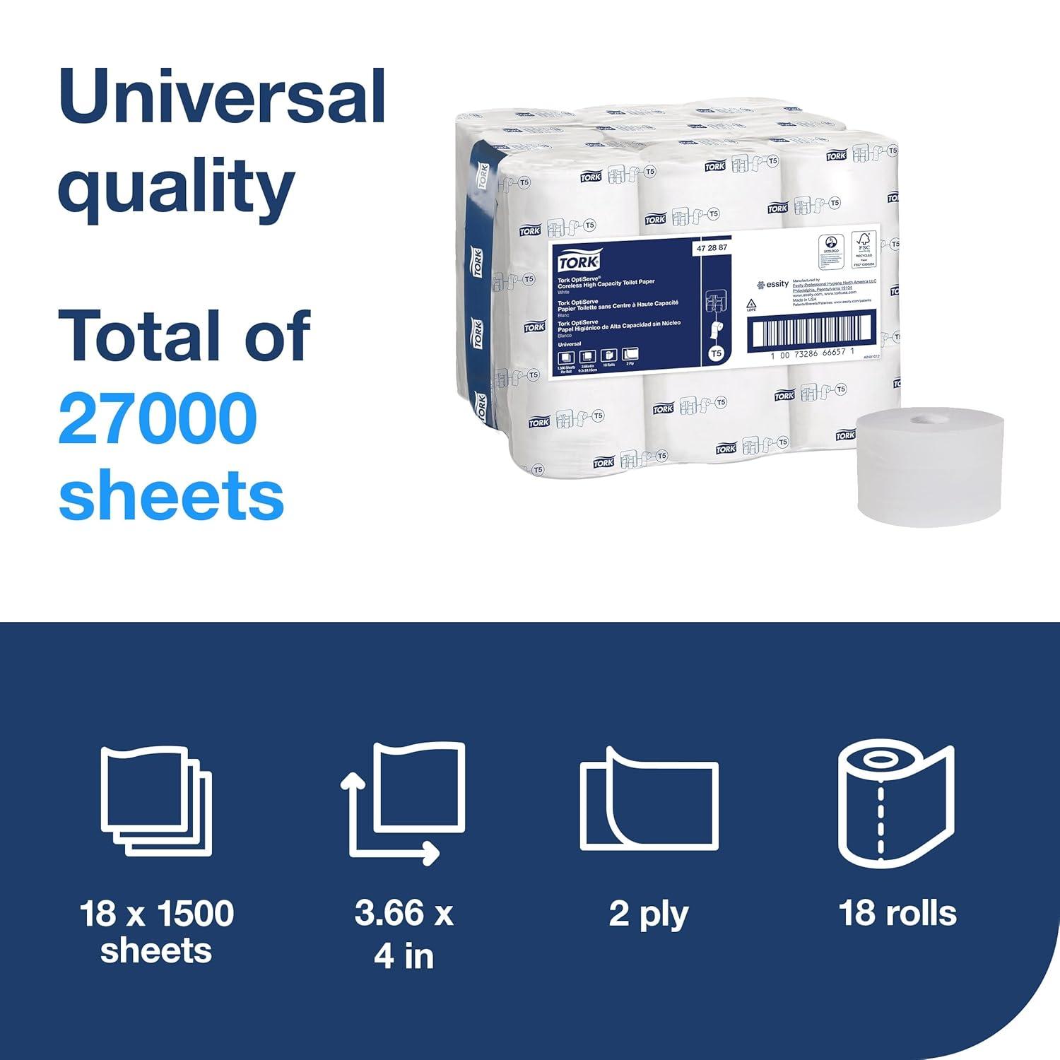 imageTork OptiServe High Capacity Coreless Toilet Paper White T5 Universal 2 Ply 18 x 1500 sheets 472887