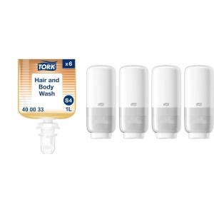 imageTork Hair and Body Wash S4 Clean Scent 6 x 1L  Intuition Sensor Skincare Dispensers White Pack of 4